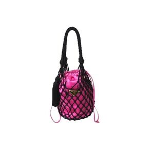 PRADA Satin Net Handbag Triangle Logo Black Pink Gold